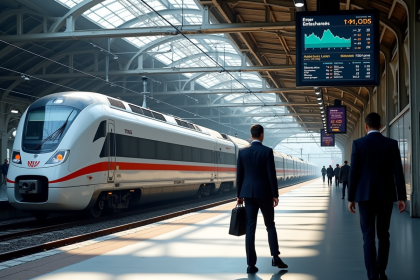 TGV moderne à la gare avec données financières en arrière-plan