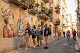 Touristes explorant une fresque murale dans un quartier nord de Marseille lors d'une visite de tourisme responsable