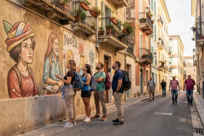 Touristes explorant une fresque murale dans un quartier nord de Marseille lors d'une visite de tourisme responsable