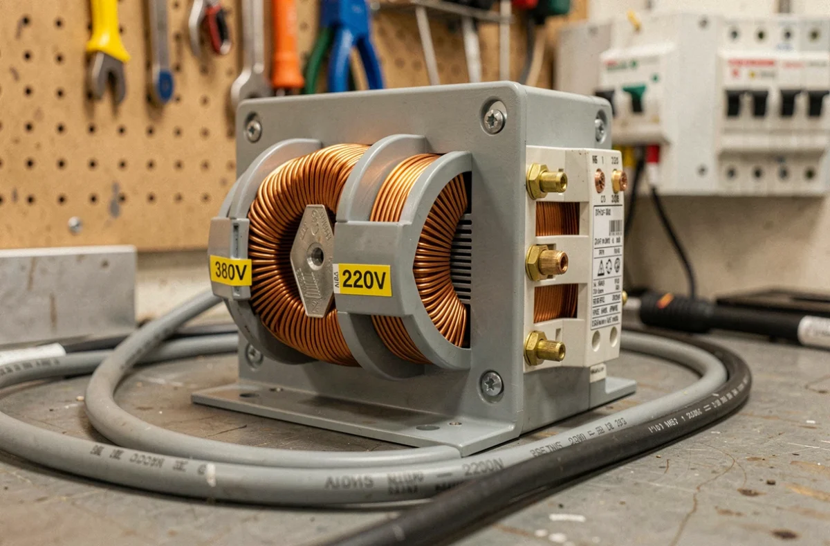 Gros plan sur un transformateur abaisseur 380V 220V avec câbles de différentes sections sur un établi d'atelier électrique