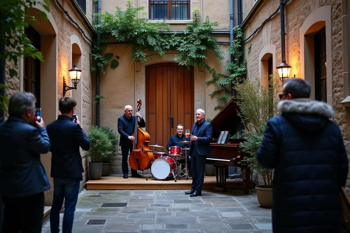 Trio de jazz jouant dans une cour intérieure de traboule à Lyon lors d'un concert en plein air intimiste