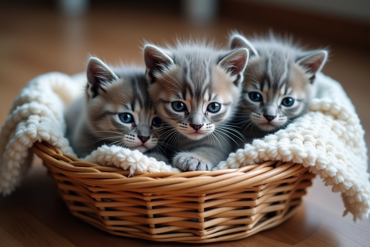Trois chatons gris aux yeux bleus dans un panier douillet