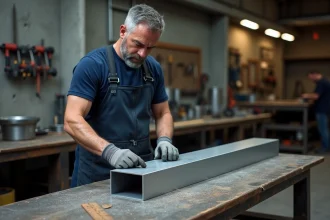 Métallurgiste mesurant un tube carré en aluminium sur un établi dans un atelier industriel