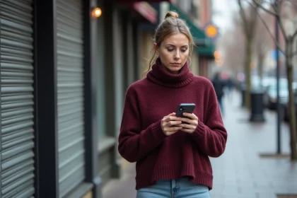 Femme consultant son smartphone pour vérifier les horaires d'un magasin ouvert le 25 décembre dans une rue commerçante déserte