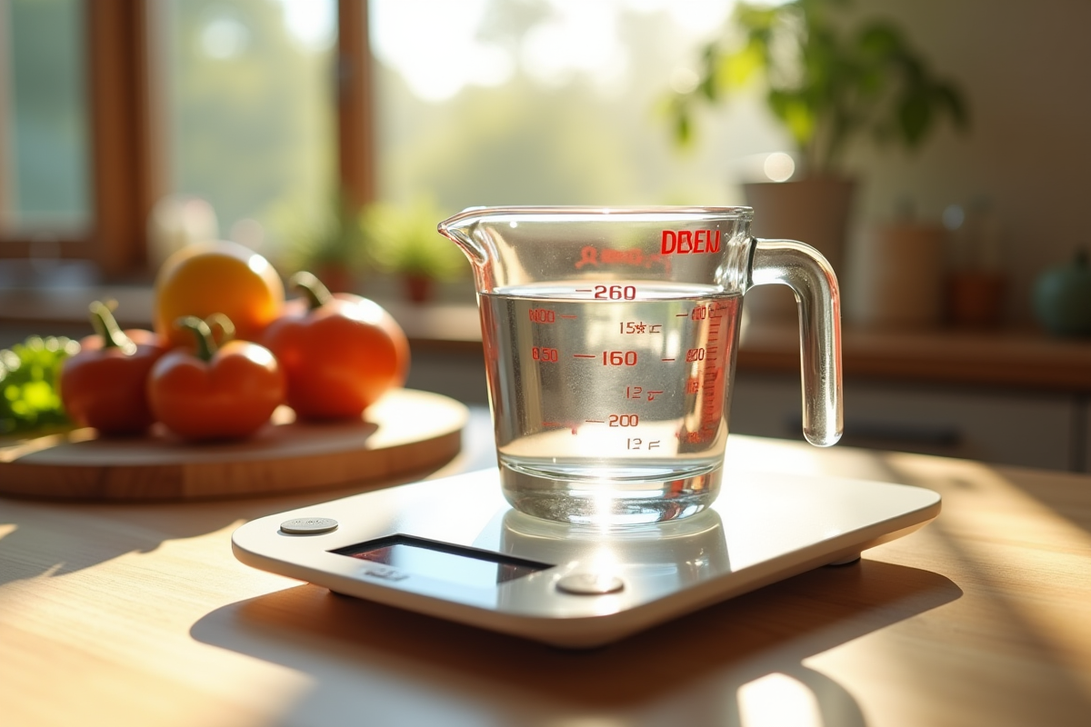Verre mesure d'eau avec balance de cuisine sur plan de travail en bois