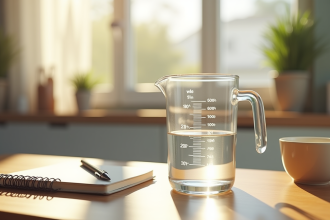 Verre mesure d'eau de 500 ml sur un plan de cuisine ensoleille