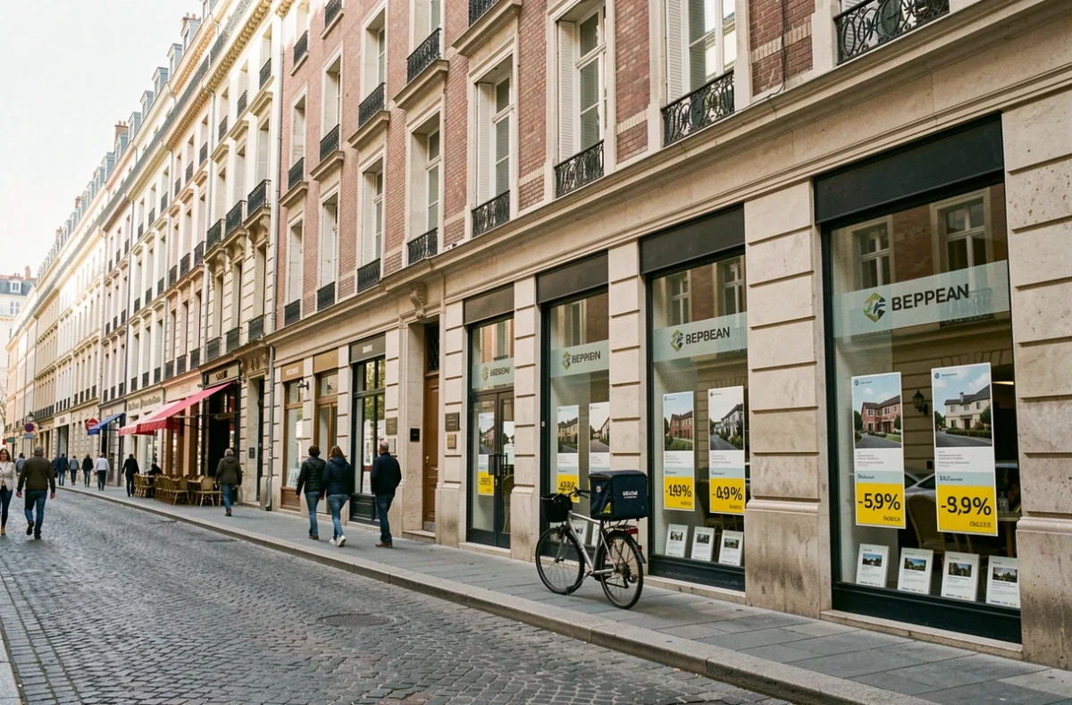 Vitrine d'agence immobilière avec annonces et prix affichés sur un boulevard de Toulouse