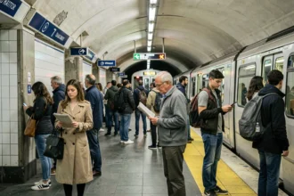 Des voyageurs attendent sur le quai de la ligne 7 du métro parisien, illustrant le flux quotidien des usagers dans une station emblématique