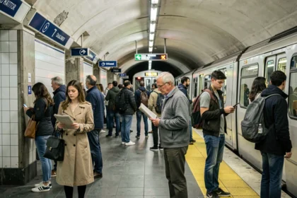 Des voyageurs attendent sur le quai de la ligne 7 du métro parisien, illustrant le flux quotidien des usagers dans une station emblématique