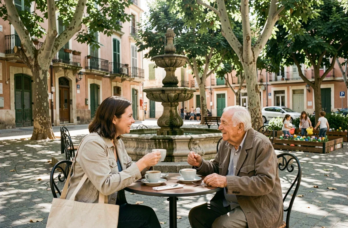 Voyageuse discutant avec un habitant dans une place publique d'un quartier nord de Marseille, illustration du tourisme de proximité