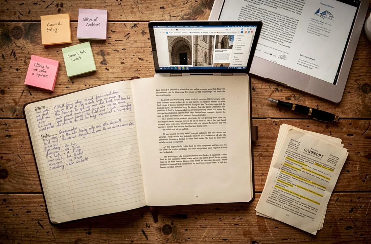 Vue aérienne d'un espace de travail organisé pour des recherches sur les archives d'abbayes avec notes et documents