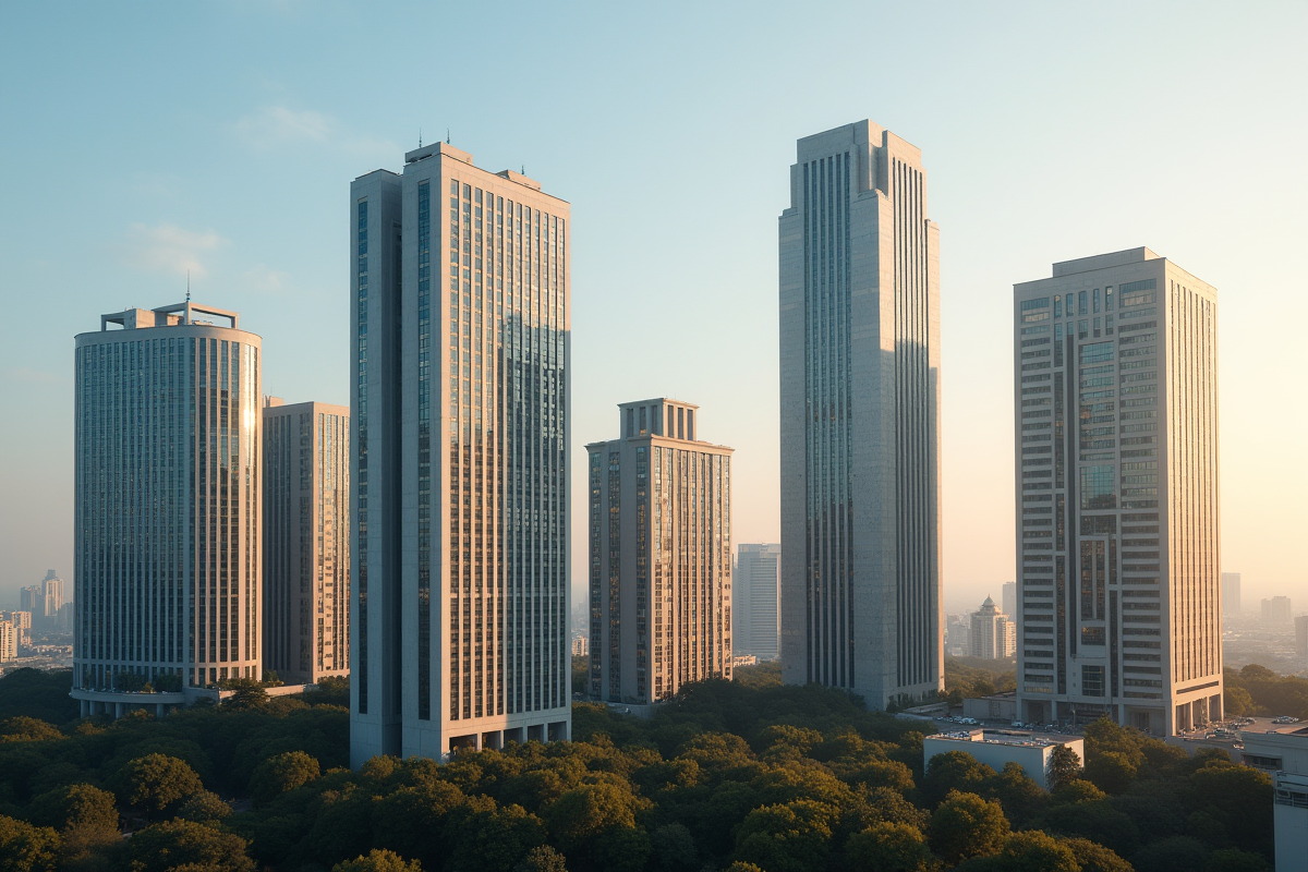 Paysage urbain avec cinq bâtiments publics représentant différents ERP